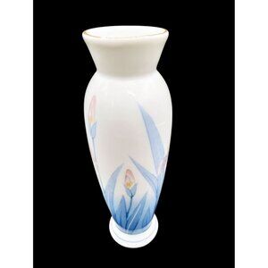 Porcelain Flower Vase Gold Trim KOZAN GAMA Vintage Japan 6.75 Inch Blue Leaves